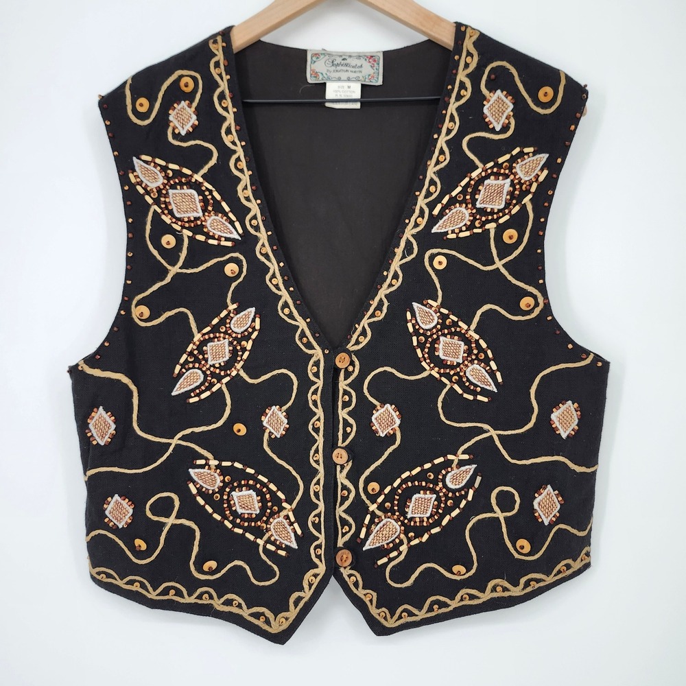 VTG‎ Black Brown Cotton Womens Wood Bead Vest Size M Boho Artsy Dopamine